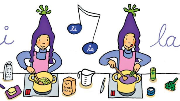 Illustration von vier lila gekleideten Figuren, die verschiedene Schritte beim Kochen zeigen.