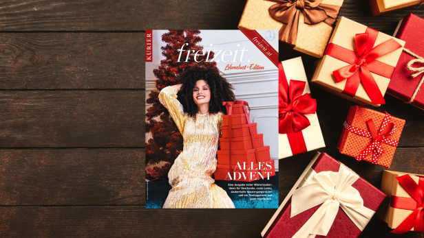 Das Cover der „Freizeit“-Beilage des Kurier mit einer Frau, Geschenken und einem Weihnachtsbaum.