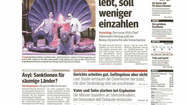 Titelseite des Kurier vom 18. November 2014 mit Nachrichten zu Fußball, Oper und Sozialversicherung.