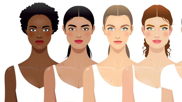 Eine Reihe von sechs Frauen mit unterschiedlichen Hauttönen und Frisuren, die weiße Oberteile tragen.