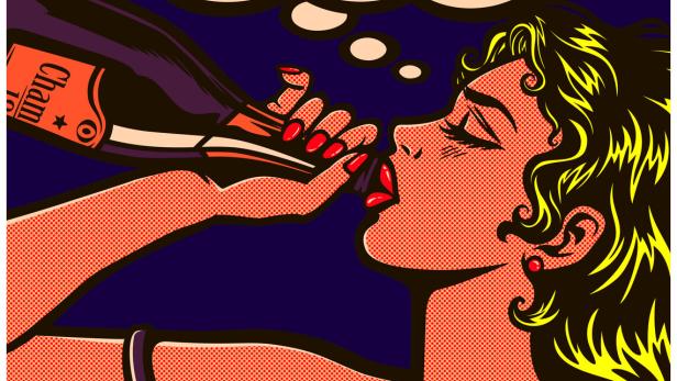Eine Frau im Pop-Art-Stil trinkt direkt aus einer Champagnerflasche, während sie „Whatever…“ denkt.
