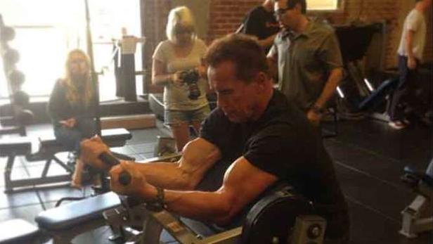 Arnold Schwarzenegger trainiert seine Bizeps im Fitnessstudio.