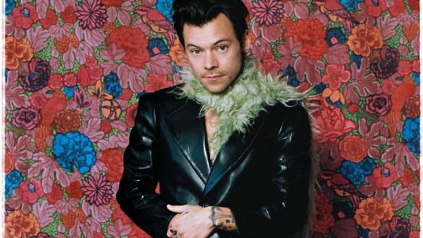 Harry Styles posiert vor einem floralen Hintergrund mit einer grünen Federboa.