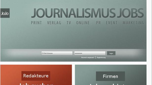 Die Webseite Journalismus Jobs mit Feldern für E-Mail-Adresse und Passwort.