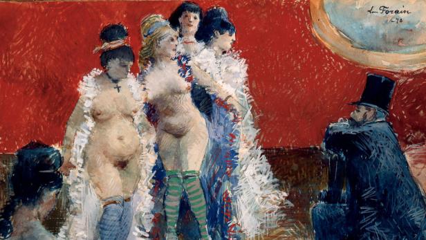 Eine Gruppe Tänzerinnen posiert vor einem sitzenden Mann mit Zylinder.