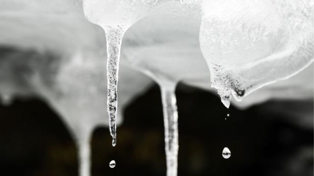 Eiszapfen schmelzen und es tropft Wassertropfen ab.