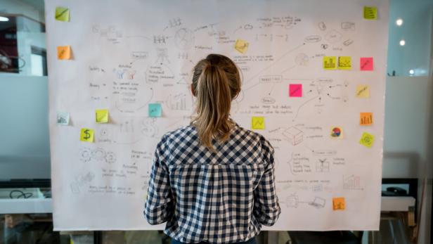 Woman sketching a business plan at a creative office