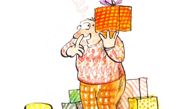 Ein Mann mit einem Fragezeichen über dem Kopf jongliert mit Geschenken.