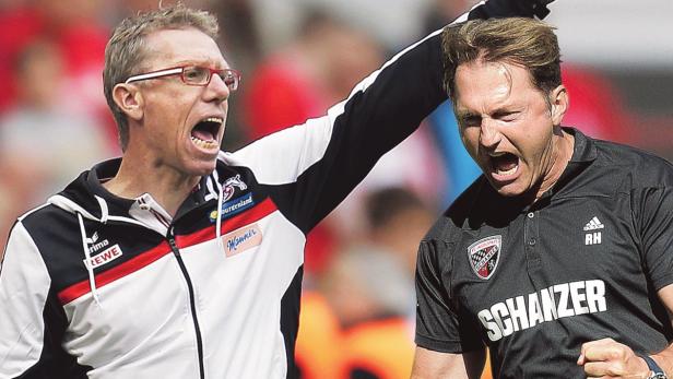 Zwei Fußballtrainer gestikulieren und schreien während eines Spiels.