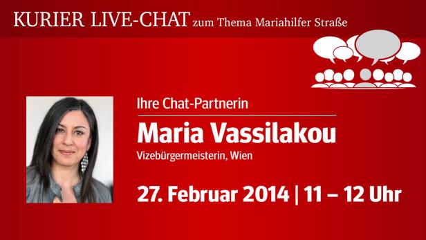 Ankündigung für einen Kurier Live-Chat mit Maria Vassilakou, Vizebürgermeisterin von Wien, am 27. Februar 2014.