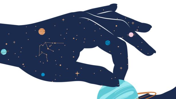 Eine stilisierte Hand hält einen blauen Planeten mit Ringen vor einem dunklen Hintergrund.