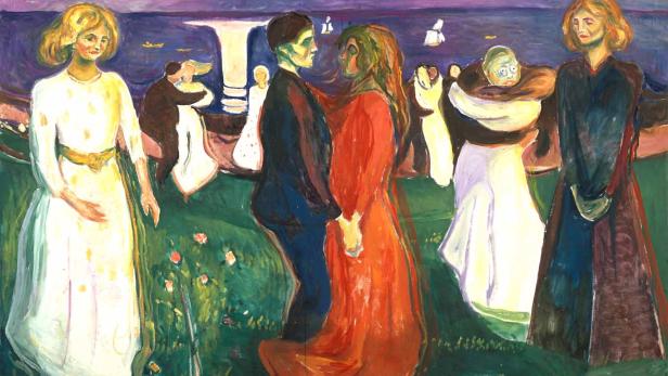 Edvard Munchs Gemälde „Der Tanz des Lebens“ zeigt Paare in einer Sommernacht am Meer.