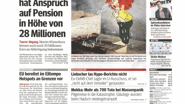 Titelseite des Kurier vom 25. September 2015 mit Schlagzeilen zu verschiedenen Themen.