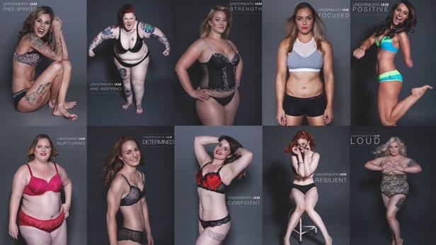 Eine Collage von Fotos verschiedener Frauen in Unterwäsche, die Selbstbewusstsein und Körperakzeptanz zeigen.