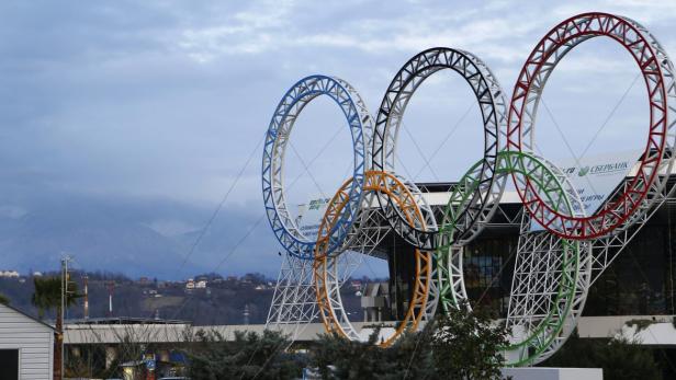 The Olympic rings are seen in front of the airport of Sochi, the host city for the Sochi 2014 Winter Olympics, February 18, 2013. Although many complexes and venues in the Black Sea resort of Sochi mostly resemble building sites that are still under construction, there is nothing to suggest any concern over readiness. Construction will be completed by August 2013 according to organizers. The Sochi 2014 Winter Olympics opens on February 7, 2014. REUTERS/Kai Pfaffenbach (RUSSIA - Tags: BUSINESS CONSTRUCTION CITYSCAPE ENVIRONMENT SPORT OLYMPICS)