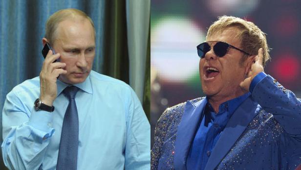 Ein zusammengesetztes Bild von Wladimir Putin am Telefon und Elton John, der singt.