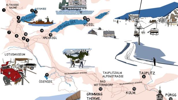 Eine illustrierte Karte der Region um Altaussee mit Seen, Bergen, Sehenswürdigkeiten und Ortsnamen.