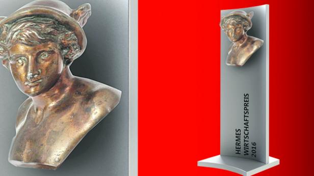 Die Hermes-Wirtschaftspreis-Statuette von 2016, die den römischen Gott Merkur darstellt.