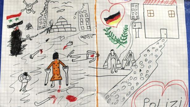 Eine Kinderzeichnung, die Krieg und Flucht nach Deutschland darstellt.