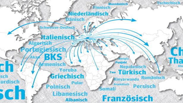 Eine Weltkarte mit dem Fokus auf Europa und den Namen verschiedener Sprachen.