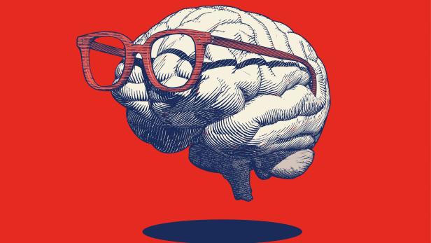Retro drawing of brain with eyeglasses illustration on red BG