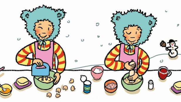 Ein Kind mit Bärenmütze backt in vier Schritten Plätzchen im Winter.