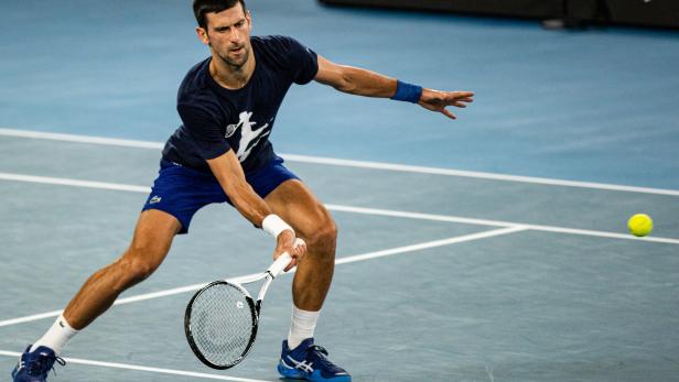 Serbian tennis player Novak Djokovic practices at Melbourne Park