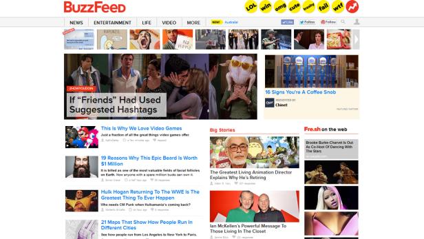 Screenshot der BuzzFeed-Startseite mit verschiedenen Artikeln und Schlagzeilen.
