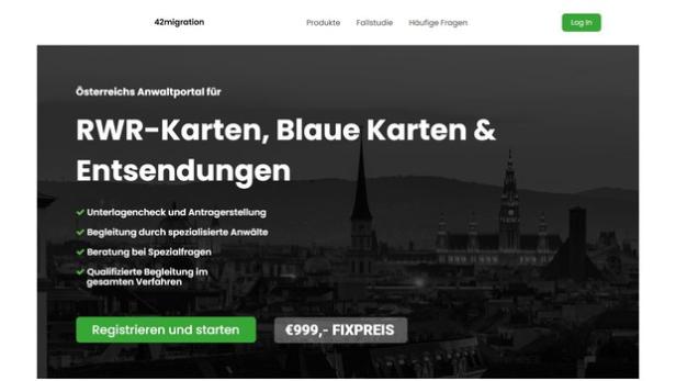 Anwaltskanzlei 42law startet Online-Portal für Rot-Weiss-Rot-Karten zum Fixpreis / Screenshot des Webportals www.42migration.at