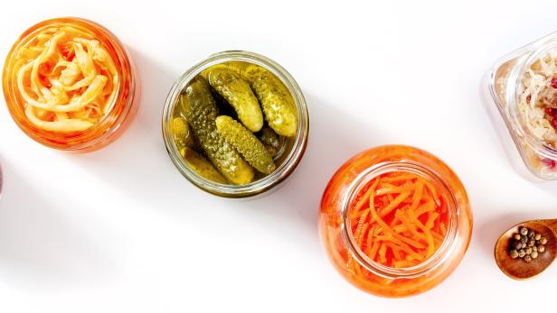 Fermented food panorama on a white background. Canned vegetables