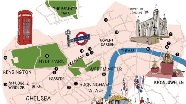 Eine illustrierte Karte von London mit Sehenswürdigkeiten wie dem Buckingham Palace und dem Tower of London.