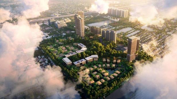 Luftaufnahme einer Wohngegend mit Hochhäusern, Villen und viel Grün.