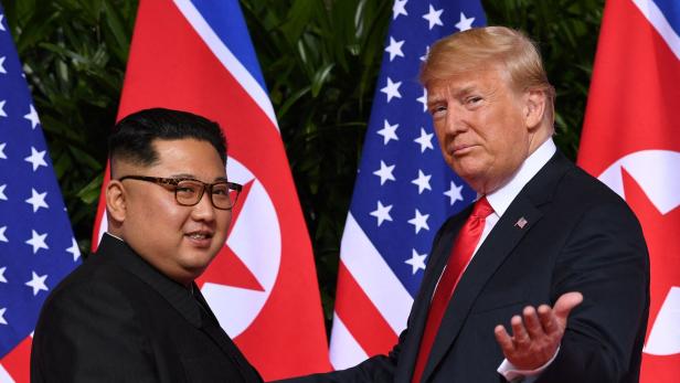 Donald Trump und Kim Jong-un stehen vor den Flaggen der USA und Nordkoreas.