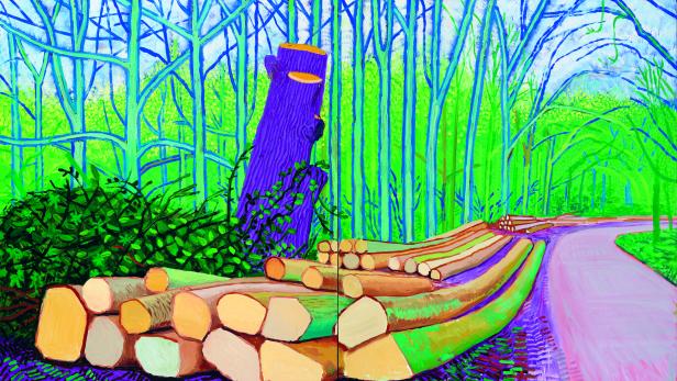 Die Ölgemälde zeigen, wie David Hockney die Farben der Natur künstlerisch wahrnimmt. Felled Trees on Woldgate, 2008