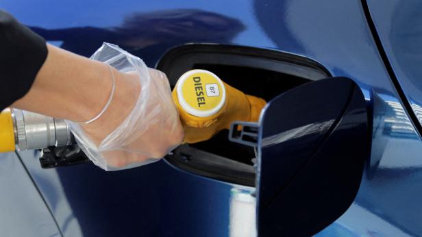 FILE PHOTO: A diesel fuel nozzle with new European labels to standardise gas pumps in the EU zone is seen at a petrol station in Nice