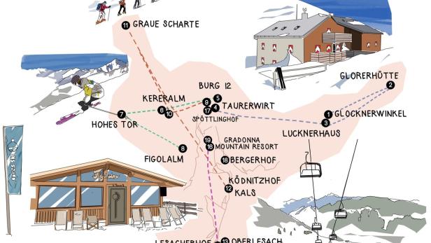 Eine illustrierte Karte des Skigebiets Großglockner mit verschiedenen Hütten und Pisten.