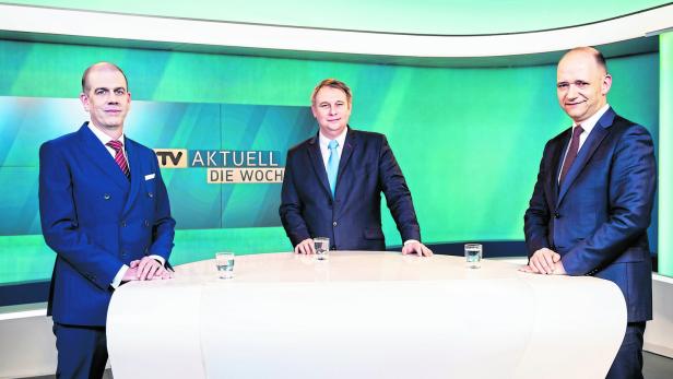 Seit 2013 analysieren sie bei ATV die heimische Politik (v. li.): Peter Hajek, Meinrad Knapp und Thomas Hofer