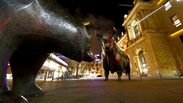 FILE PHOTO: Bull and bear symbols for successful and bad trading are seen in front of the German stock exchange (Deutsche Boerse) in Frankfurt