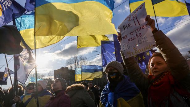 FILE PHOTO: Ukrainians protest against Russia's actions in Donbass outside Russian embassy in Kyiv
