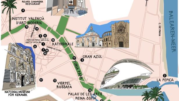 Eine illustrierte Karte von Valencia, die Sehenswürdigkeiten und Viertel hervorhebt.