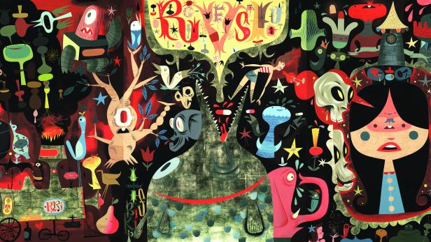 Eine surreale Illustration mit einer Mischung aus Figuren, Objekten und Mustern in lebendigen Farben.