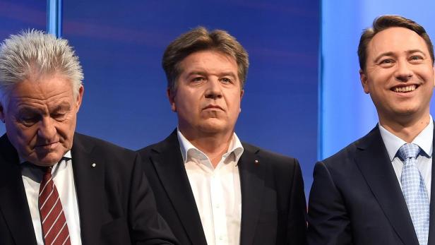 FPÖ-Spitzenkandidat Haimbuchner (rechts) freut sich, Pühringer und Entholzer weniger.