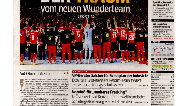 Titelseite des „Kurier“ vom 20. November 2014 mit Artikeln zu verschiedenen Themen.