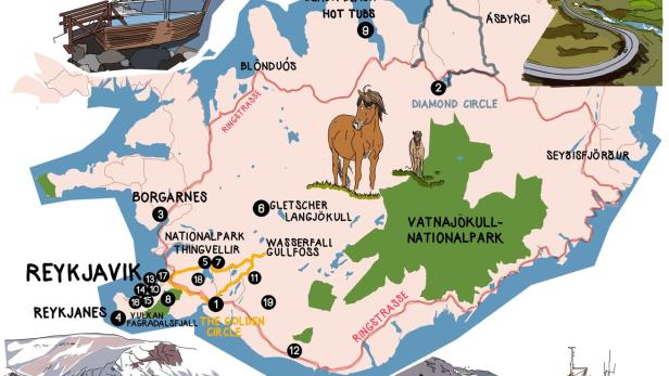 Eine illustrierte Karte von Island mit Sehenswürdigkeiten wie Reykjavik, dem Golden Circle und dem Vatnajökull-Nationalpark.