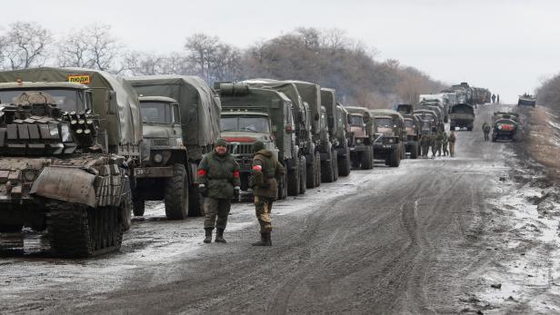 A view shows a military convoy of armed forces of the separatist self-proclaimed Luhansk People's Republic in the Luhansk region