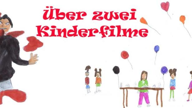 Eine Kinderzeichnung mit einem Monster und einer Gruppe Kinder mit Luftballons, mit dem Text „über zwei Kinderfilme“.