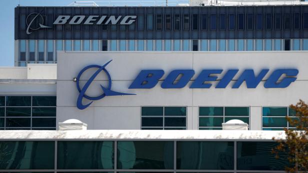 FILE PHOTO: The logo of Dow Jones Industrial Average stock market index listed company Boeing (BA) is seen in Los Angeles