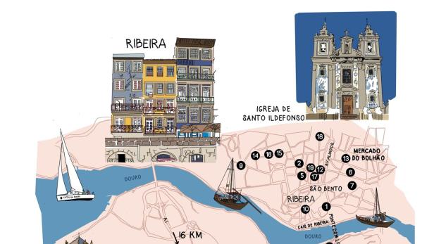 Eine illustrierte Karte von Porto, Portugal, mit Sehenswürdigkeiten wie Ribeira und der Capela do Senhor da Pedra.