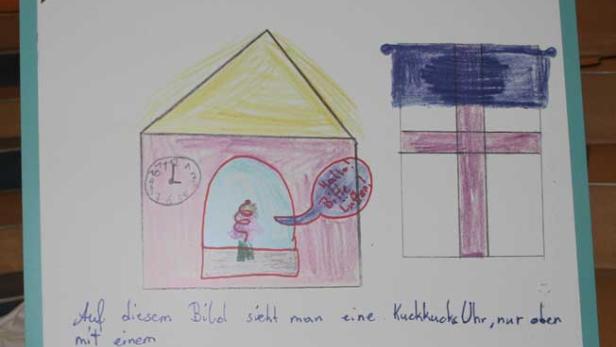 Eine Kinderzeichnung zeigt eine Kuckucksuhr und ein Fenster mit der Aufschrift „Deine Idee“.