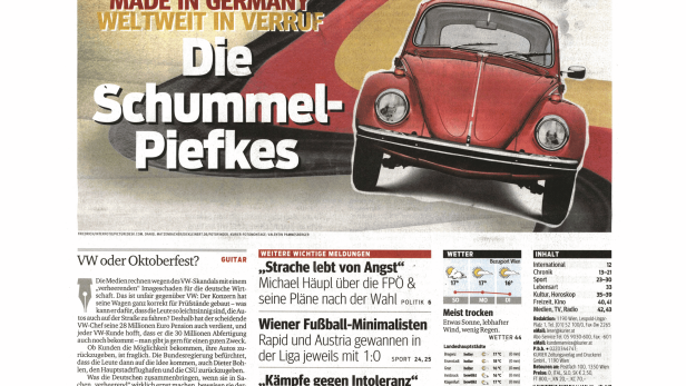 Titelseite des „Kurier am Sonntag“ vom 27. September 2015 mit dem Titel „VW-Skandal bringt Made in Germany weltweit in Verruf“.